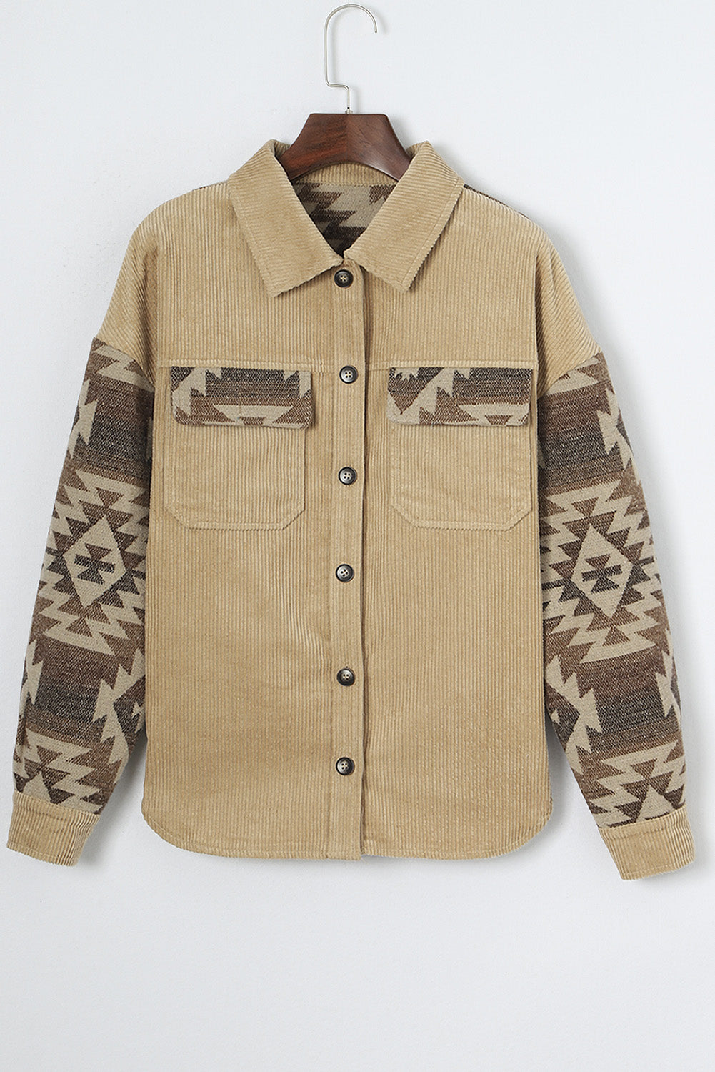 Khaki Geometric Print Patchwork Frayed Edge Corduroy Jacket