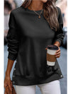 Black Snap Button Side Slits Solid Color Sweatshirt