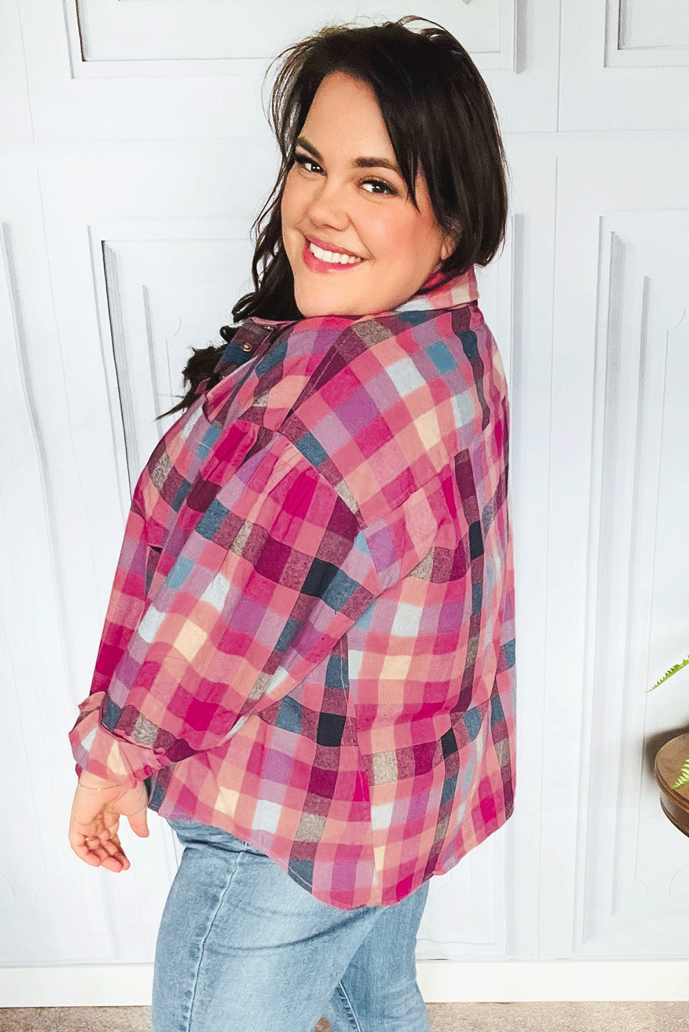 Rose Checkered Print Button-up Plus Size Shirt