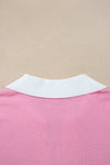 Pink Striped V Neck Collared Colorblock Patchwork Sweater