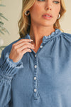 Sky Blue Frilled Raw Hem Half Buttoned Denim Top