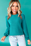 Sea Green Trendy Pattern Knit Ribbed Cuffs Crew Neck Sweater