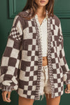 Taupe Colorblock Checked Open Front Knitted Cardigan
