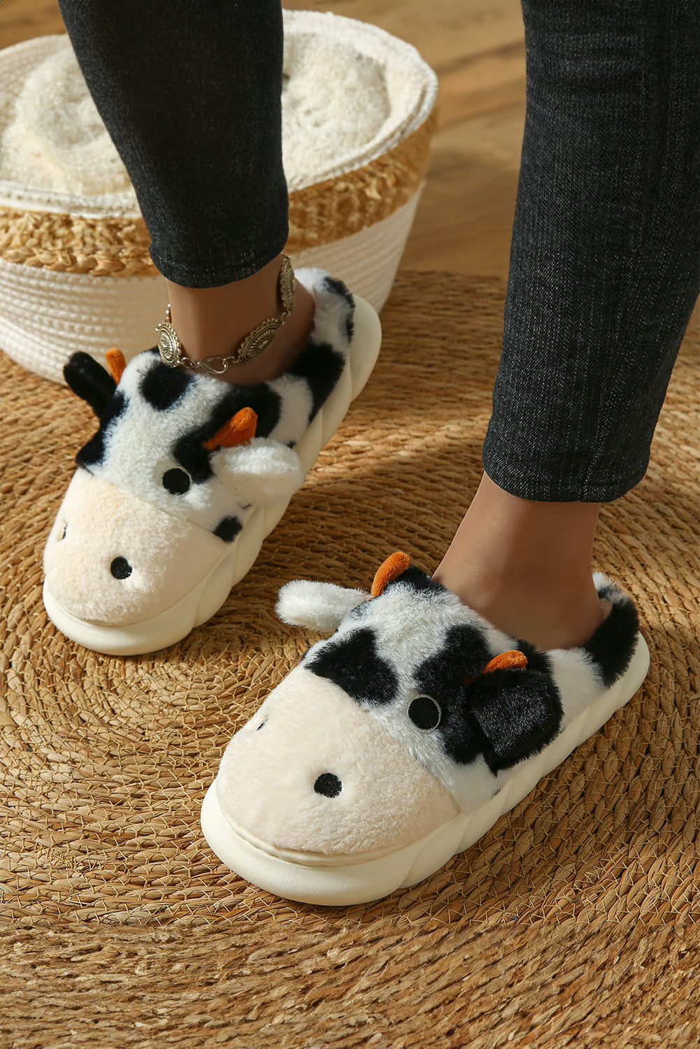 White Cute Cow Thick Sole Plush Thermal Home Slippers