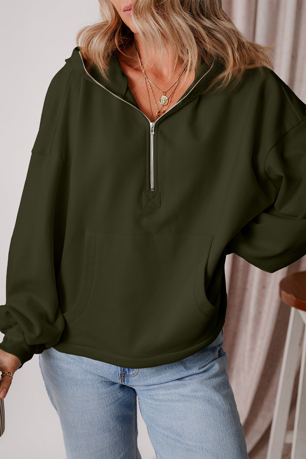 Smoke Green Half Zipper Kangaroo Pockets Drop Shoulder Hoodie