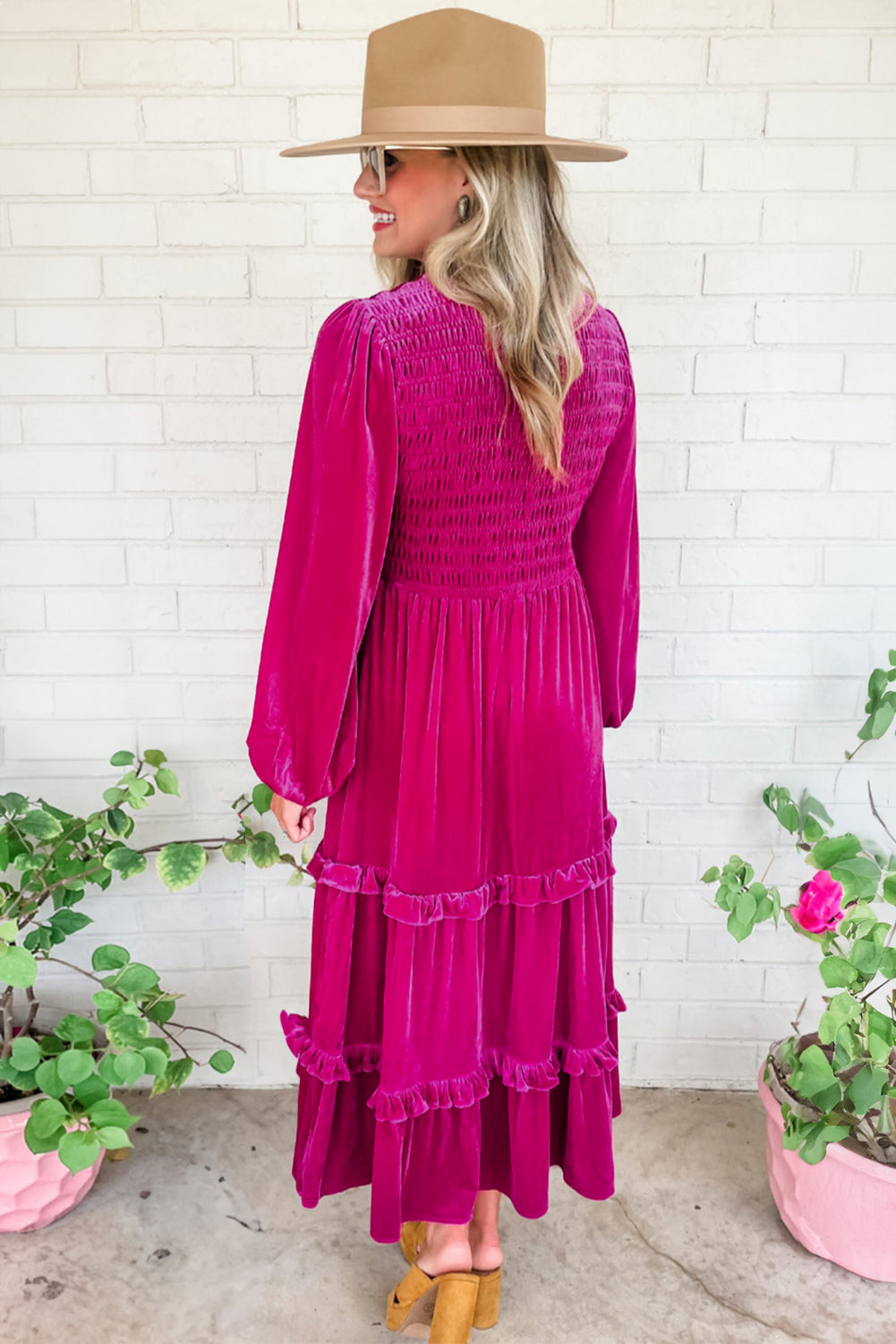 Rose Red Smocked V Neck Tiered Ruffle Velvet Plus Size Maxi Dress