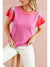 Bright Pink Contrast Sleeve Striped Round Neck Knitted Tee