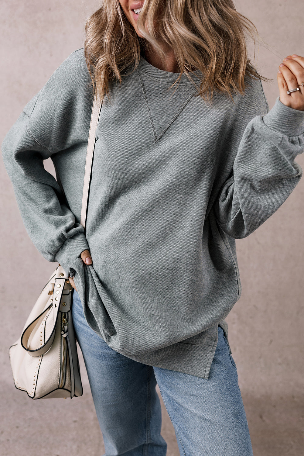 Medium Grey Side Split Drop Shoulder Oversized Long Sleeve Top