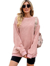 Pink Solid Ribbed Round Neck Pullover Sweatshirt