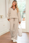Khaki Stripe Textured Collared Pullover Top and Drawstring Pants Set