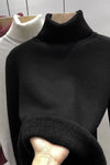 Black Knit Fleece Lined Turtleneck Thermal Slim Fit Top