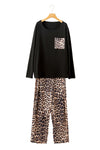 Black Leopard Patched Pocket Long Sleeve Top Plus Size Pajama Set