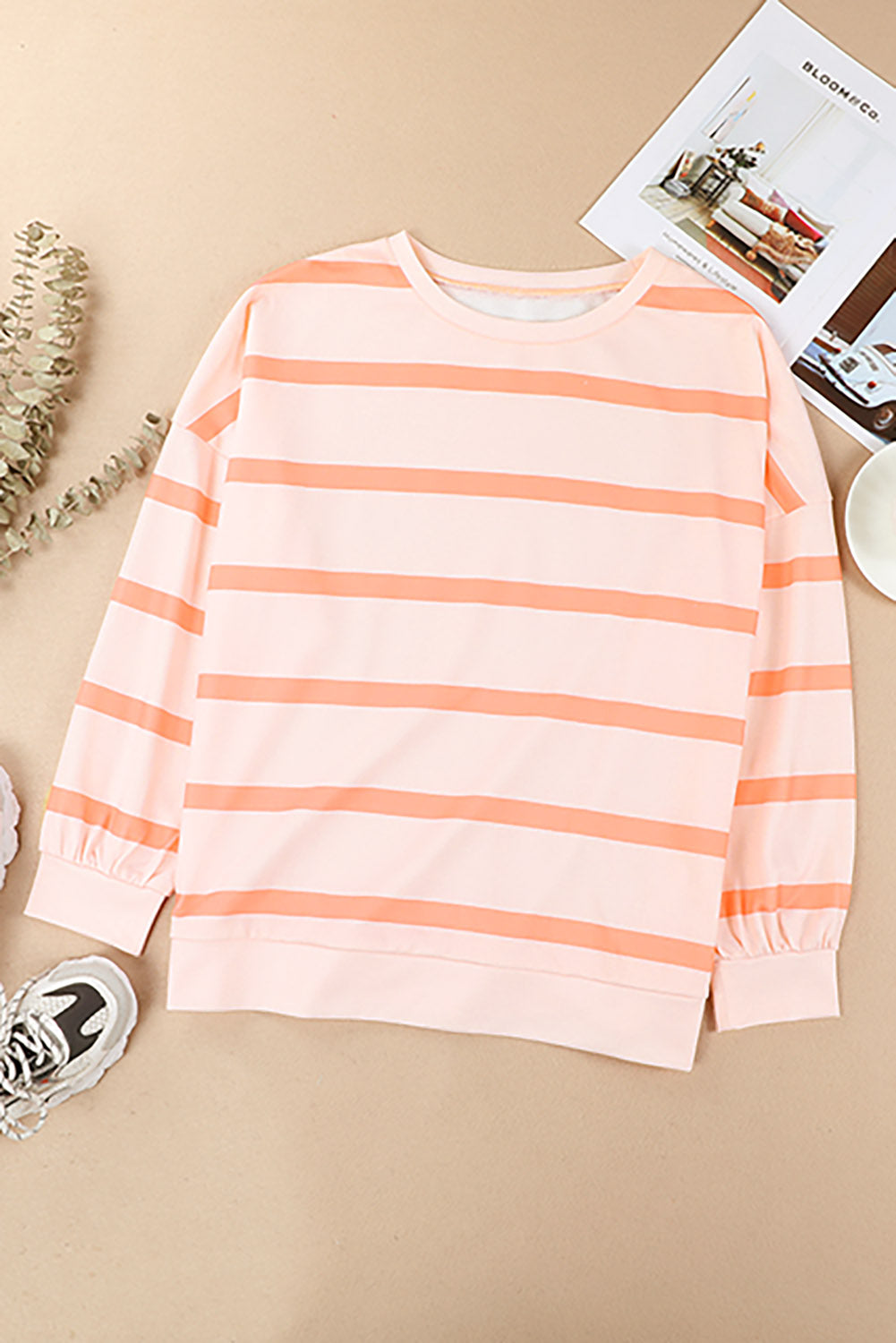 Orange Striped Print Drop Shoulder Pullover Sweatshirt