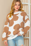 Khaki 60s Floral Pattern Ribbed Trim Pullover Sweater