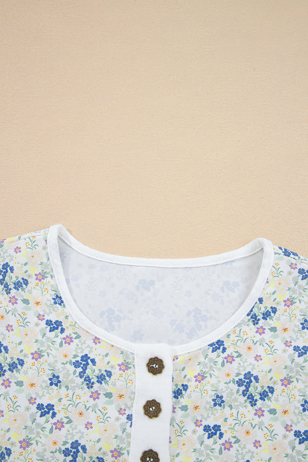 Sky Blue Floral Print Crinkle Patchwork Henley Blouse