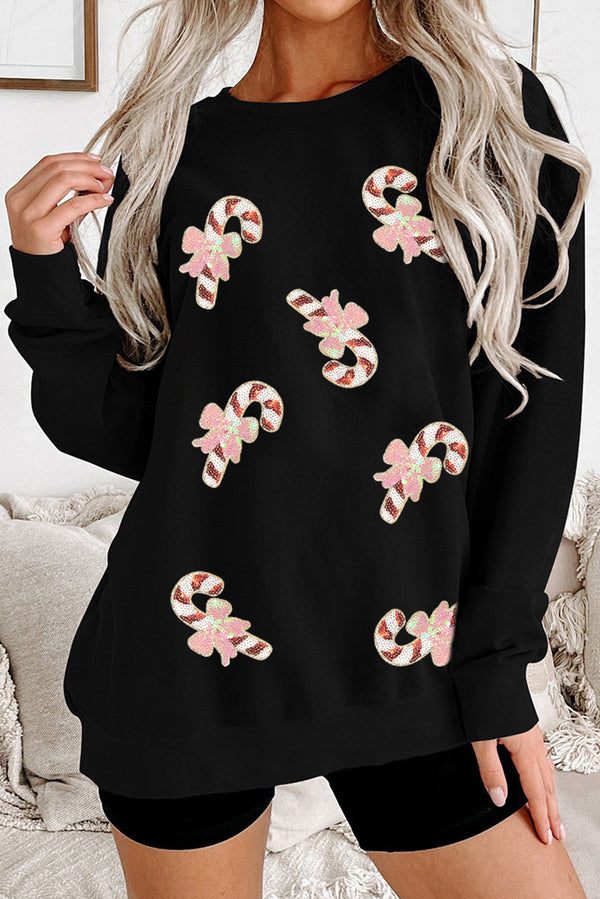 Black Christmas Candy Cane Sequins Patch Baggy Sweatshirt