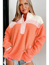 Orange Colorblock Zipper Stand Neck Sherpa Sweatshirt