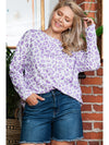 Purple Leopard Print Boat Neck Drop Shoulder Waffle Knit Plus Size Top