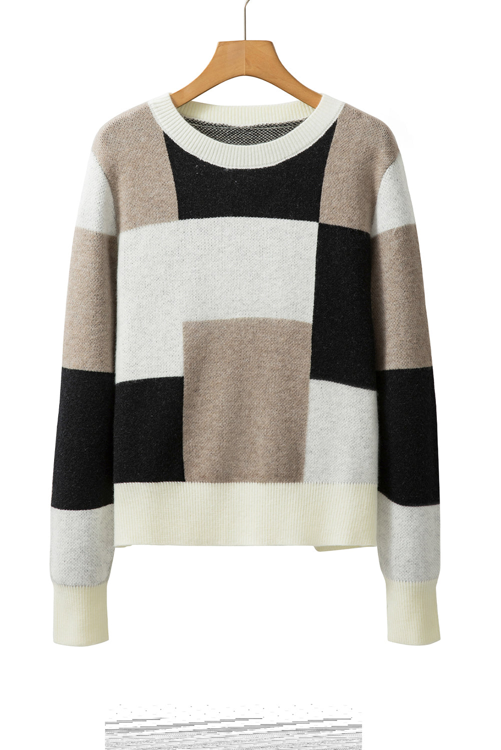 Black Checkered Colorblock Round Neck Knit Sweater