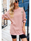 Pink Solid Ribbed Round Neck Pullover Sweatshirt