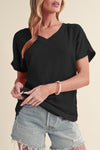 Bright Pink Basic Plain Textured V Neck T Shirt