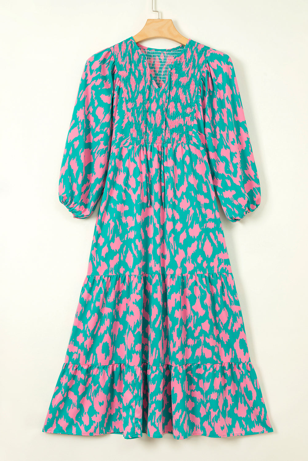 Sky Blue Abstract Print Puff Sleeve Smocked V Neck Maxi Dress