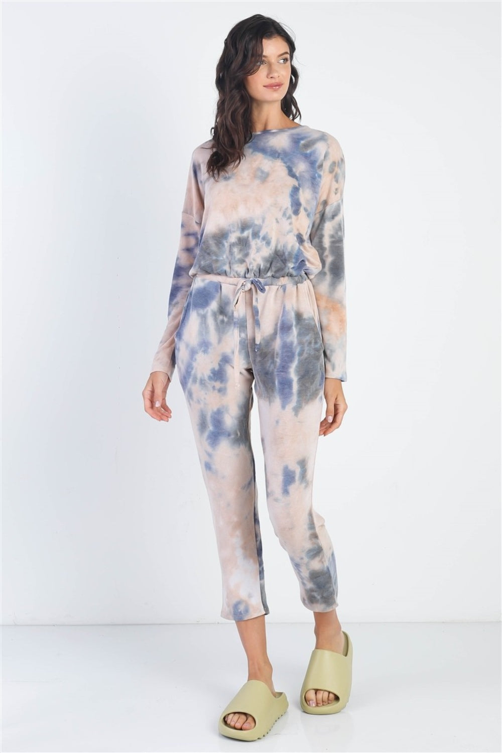  Cherish Apparel Tie-Dye Round Neck Long Sleeve Jumpsuit.