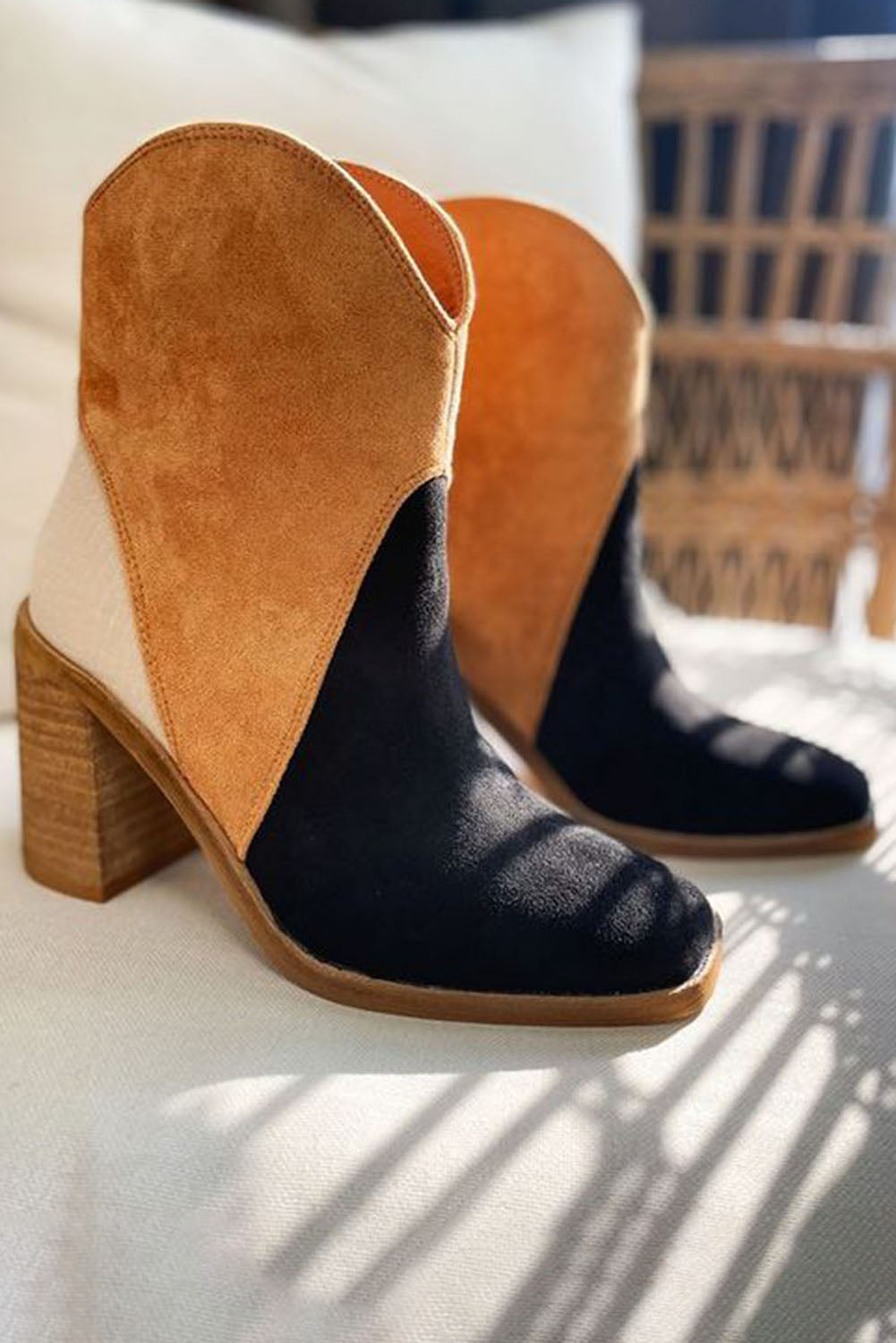 Chestnut Colorblock Suede Heeled Ankle Booties