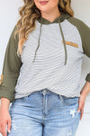 Green Striped Raglan Sleeve Pocket Plus Size Hoodie