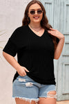 Black Twist Corded V-Neck Plain Plus T-Shirt