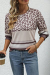 Brown Leopard Striped Color Block Long Sleeve Top