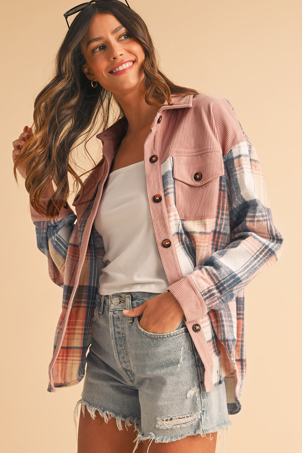 Light Pink Plaid Corduroy Patchwork Pocket Loose Shacket