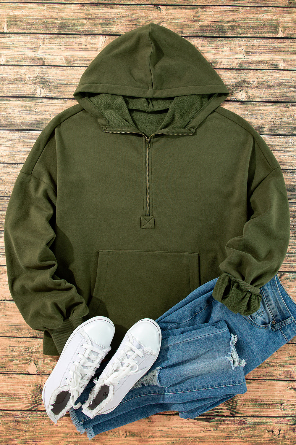 Smoke Green Half Zipper Kangaroo Pockets Drop Shoulder Hoodie