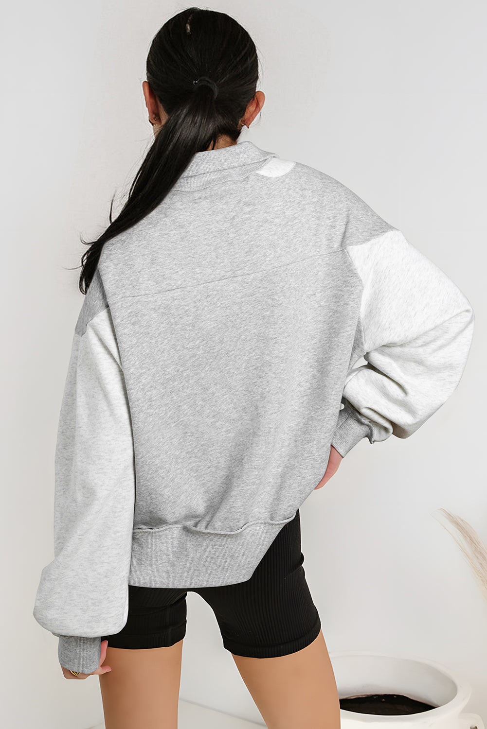 Gray Zip Collar Colorblock Side Slits Sweatshirt