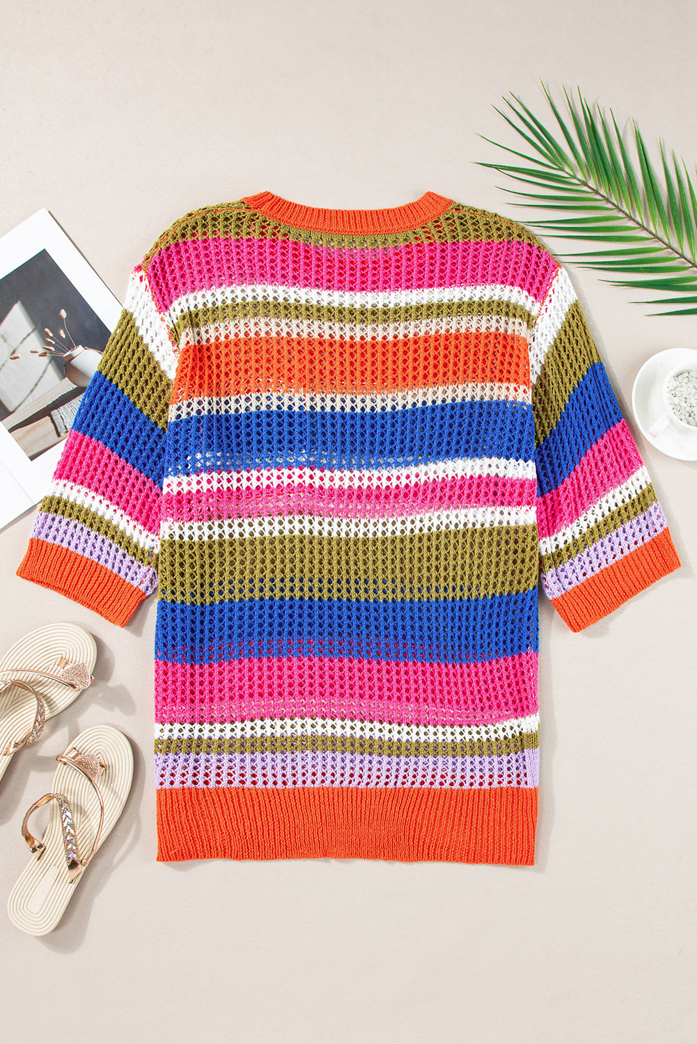 Pink Striped Color Block Hollow Crochet 3/4 Sleeve T Shirt