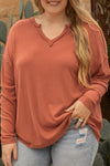 Gold Flame Plus Size Exposed Seam V Neck Long Sleeve Top