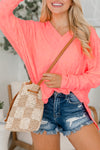 Apricot Pink Oversized Floral Jacquard V Neck Long Sleeve Top