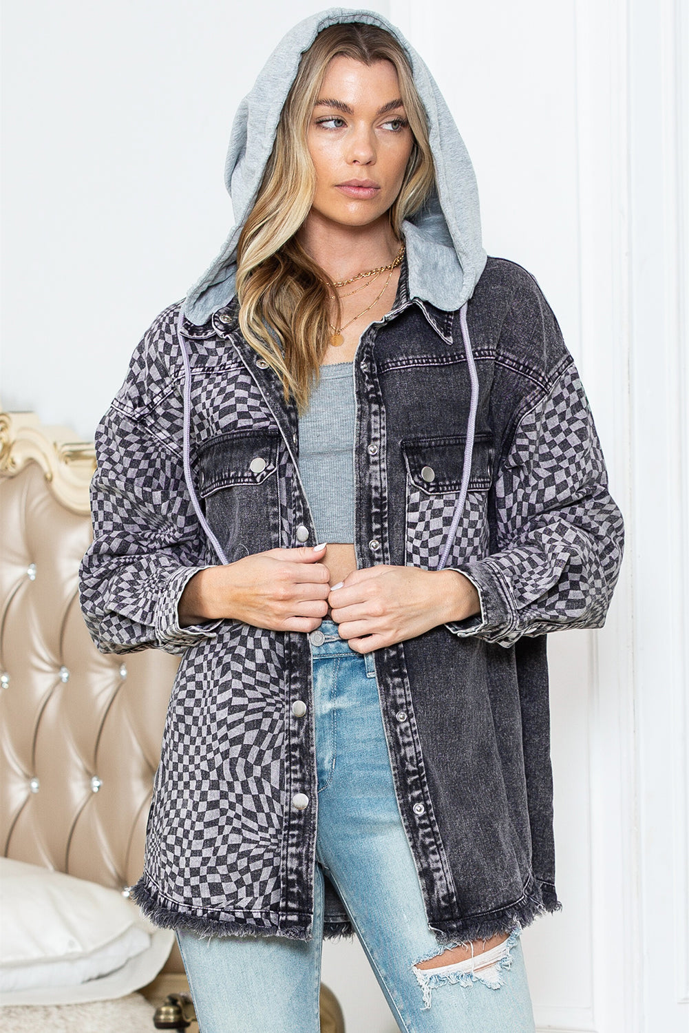 Gray Checked Patchwork Raw Hem Hooded Denim Jacket