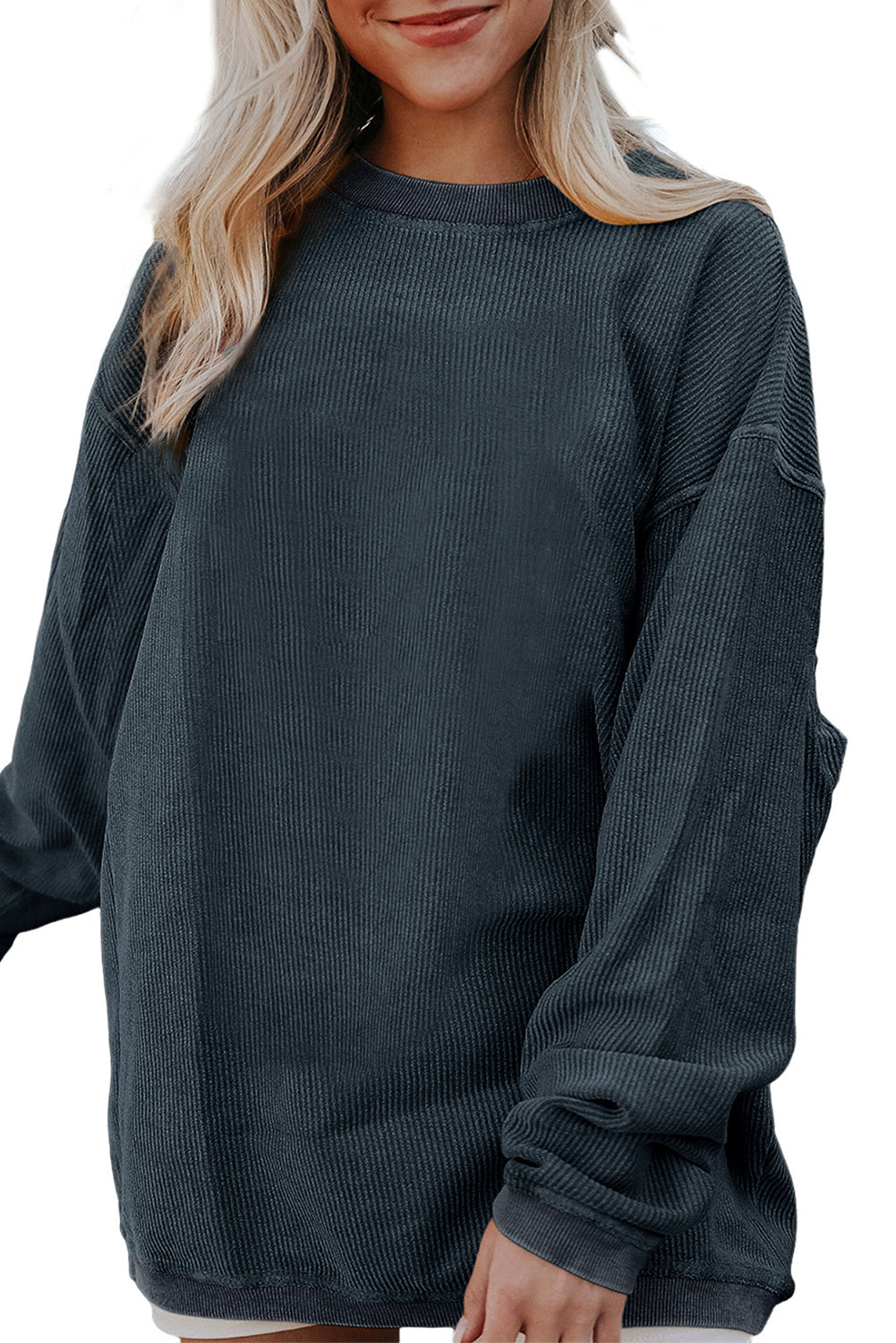 Light Grey Drop Shoulder Crinkle Rib Oversized Sweatshirt