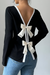 Black Knitted Bow Tie Back Round Neck Long Sleeve Top