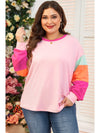 Pink Colorblock Long Sleeve Plus Size Top