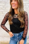 Black Dotted Bow Pattern Mesh Long Sleeve Top