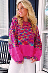 Bright Pink Confetti Drop Shoulder Crewneck Sweater