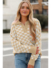 Apricot Checkered Buttons Collar V Neck Drop Shoulder Sweater