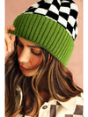 Spinach Green Checkered Color Block Unisex Winter Beanie Hat