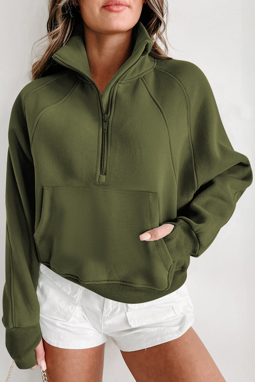 Parchment Quarter Zip Stand Neck Kangaroo Pocket Sweatshirt