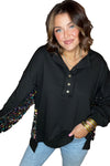 Black Sequin Patchwork Henley Sweatshirt