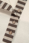 Beige Waffle Stripe Plaid Patchwork Henley Top