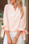 Pink Striped Pearl Beaded Knot Cuffs Blouse