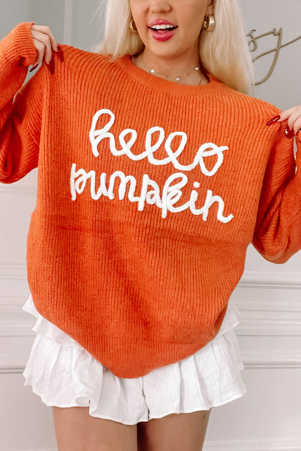 White Hello Pumpkin Graphic Sweater